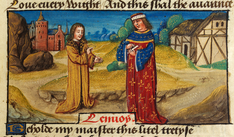 Unknown Flemish artist: "Translator addressing his master on a road", illumination on parchment, late 15th Century. From Latin text of Historia de preliis Alexandri Magni (‘The History of Alexander’s Battles’, J1 version, National Library of Wales).